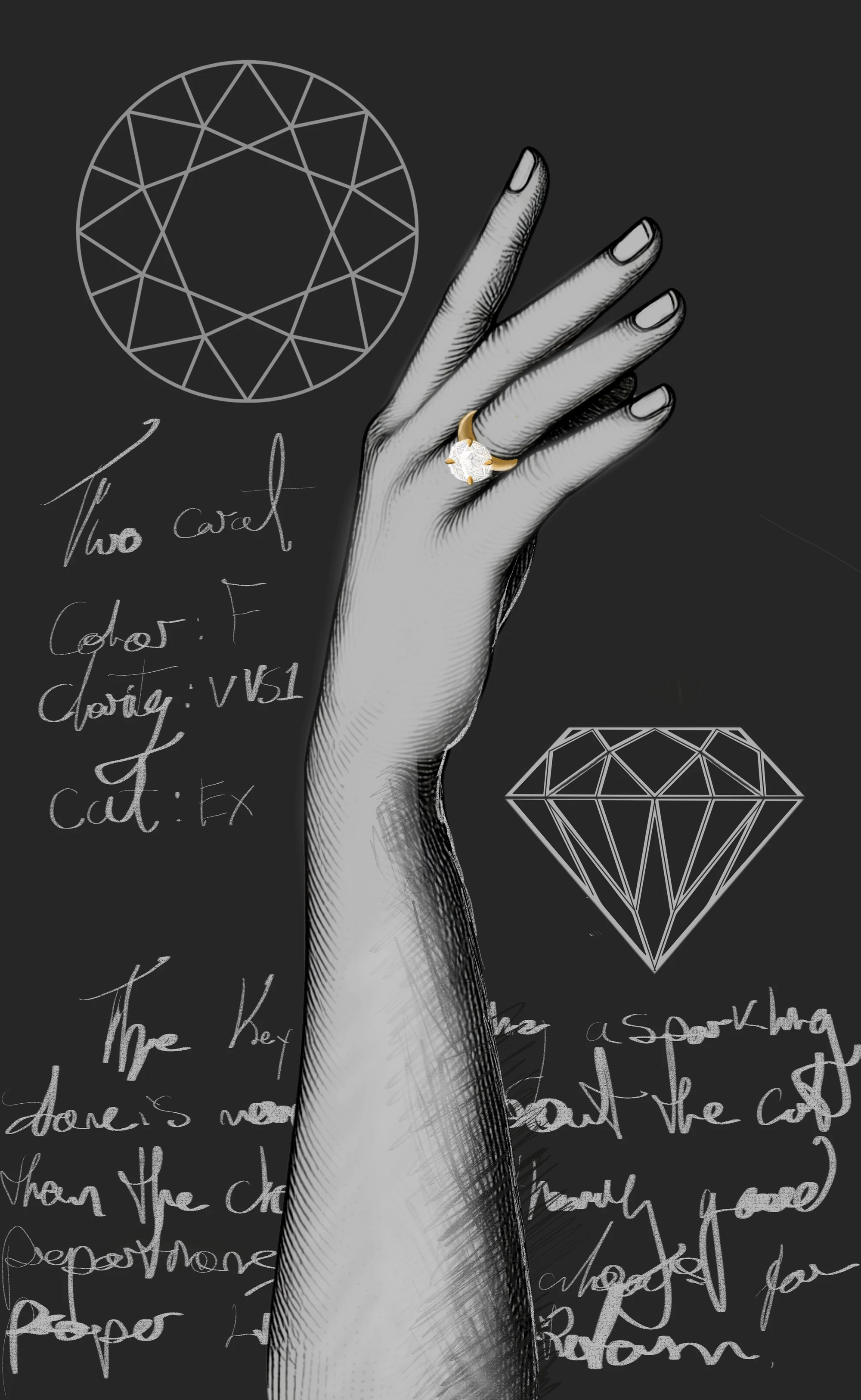 A design board showing an illustrated hand wearing a solitaire, with diamond grading notes written beside it in Kat's hand: two carat, colour F, clarity VVS1, cut EX.
