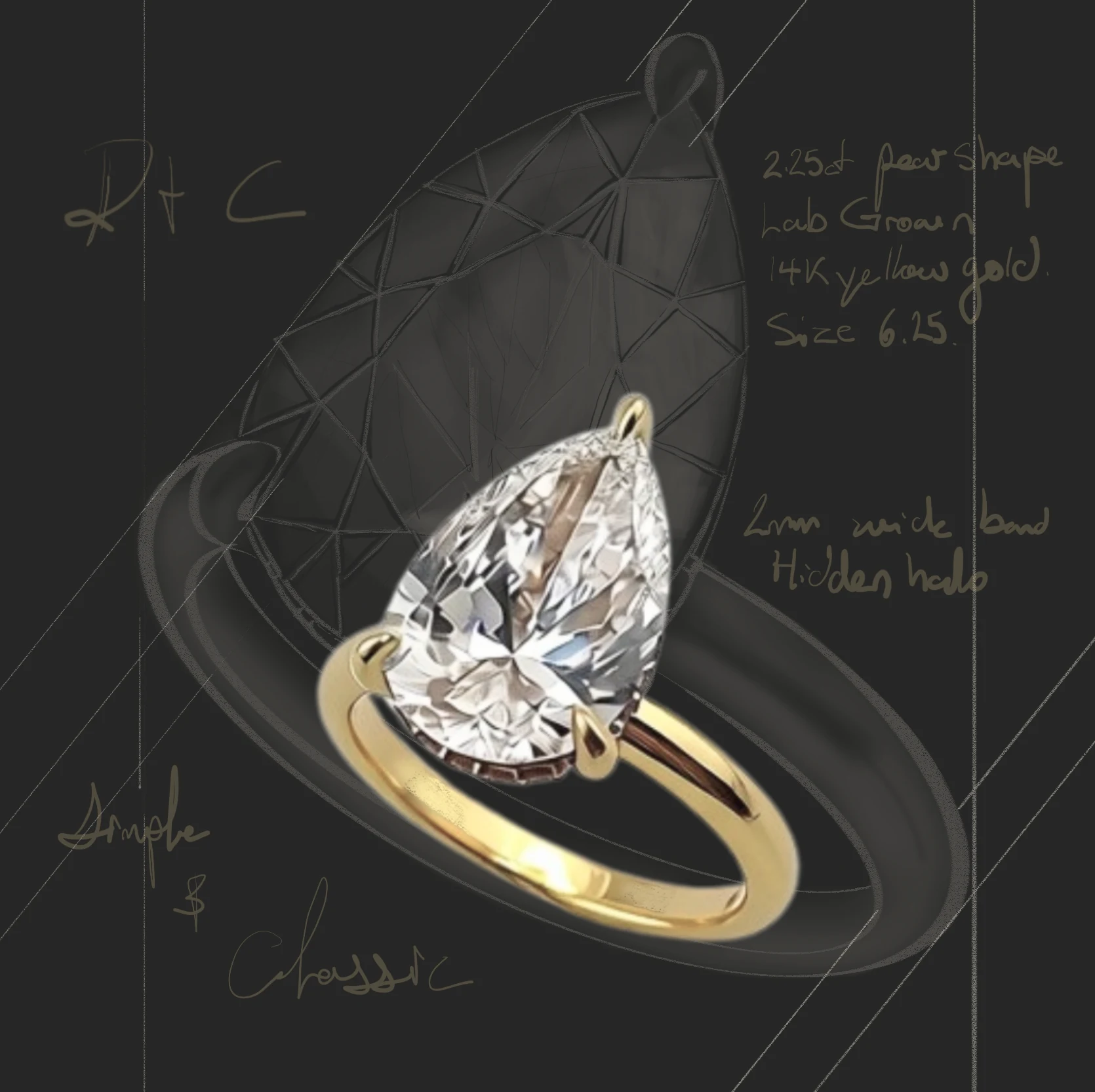 A design board for a pear cut solitaire in yellow gold, the finished rendering laid over Kat's own pencil sketch of the same ring, annotated in her handwriting.
