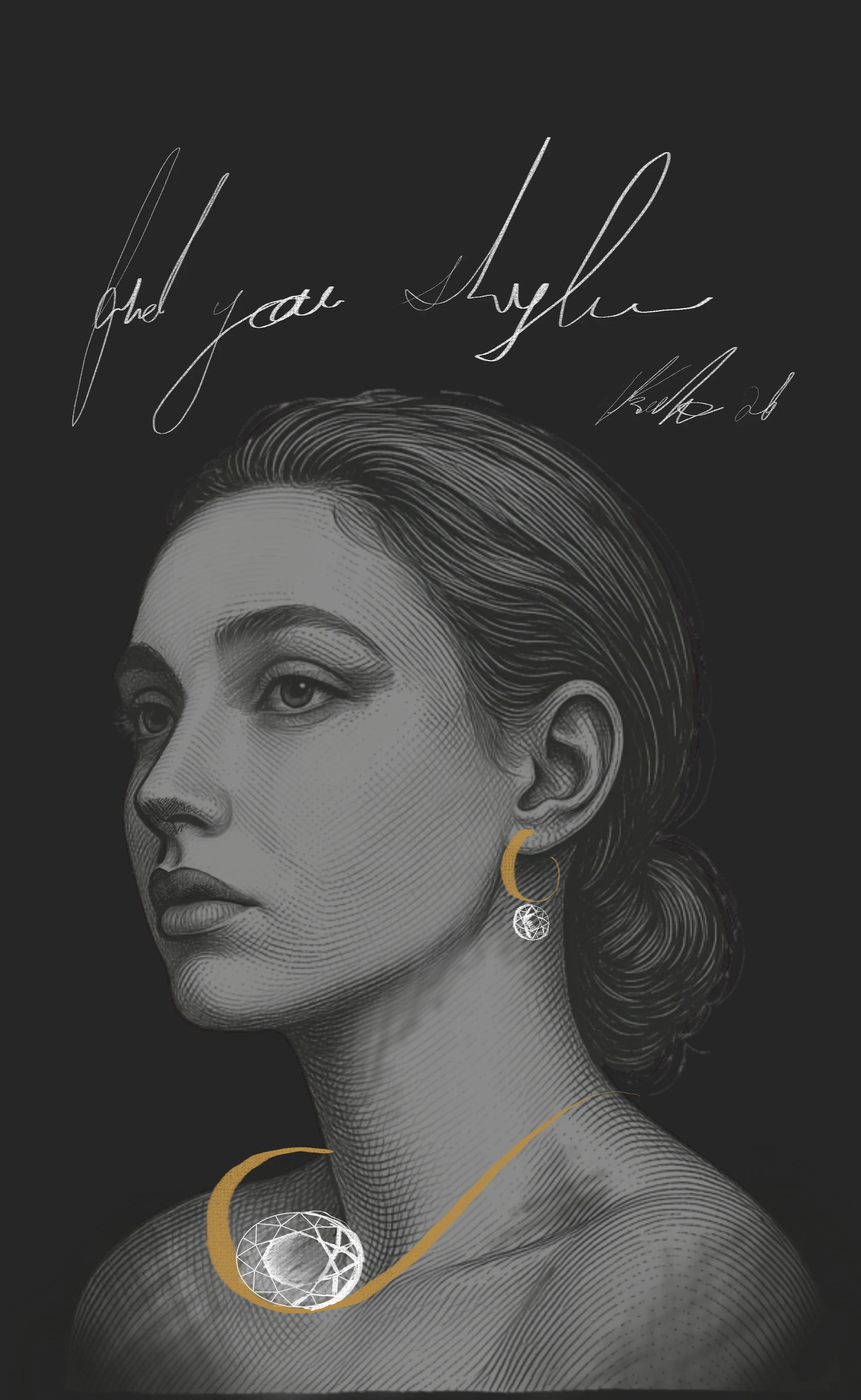 A design board showing a gold crescent drop earring and matching necklace with brilliant cut diamonds, drawn onto Kat's illustrated figure.