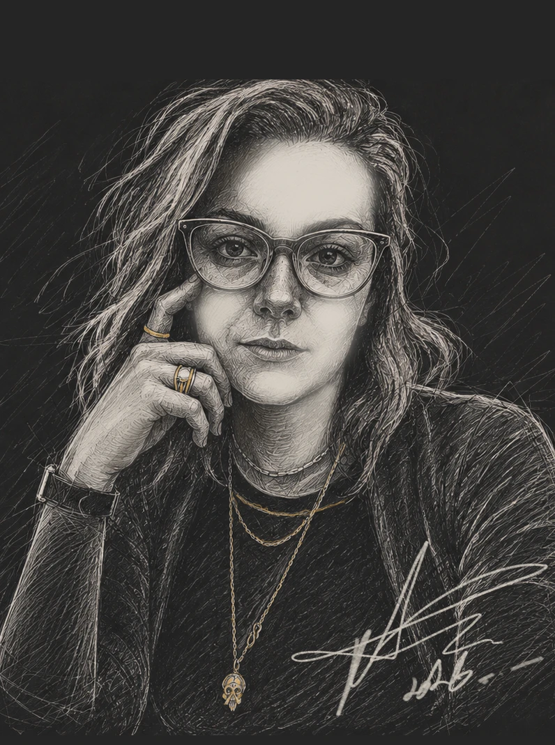 A cross hatched illustration of Kat MacLean resting her chin on her hand, wearing her own gold rings and necklaces.